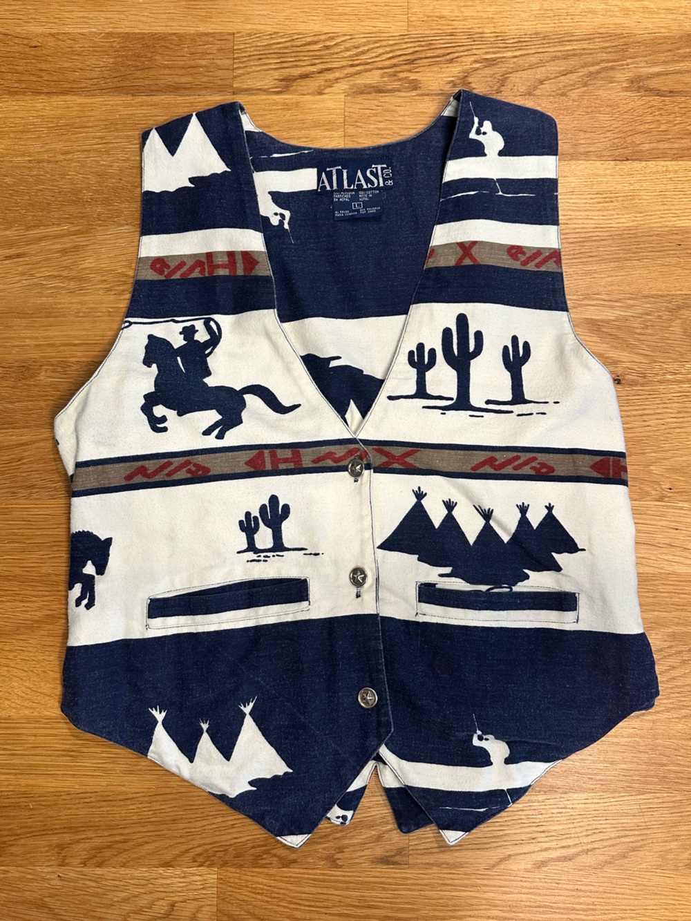 Vintage Atlas & Co. Southwestern Print Button Vest - Navy & Cream